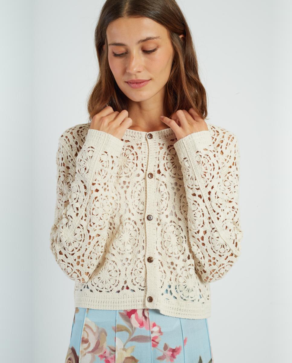 Cardigan de Malha com Decote Redondo e Manga Comprida Creme-3