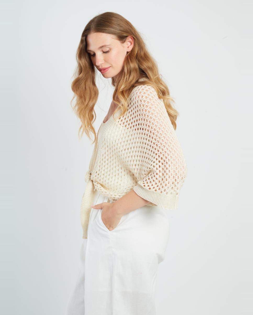 Cardigan de Malha com Manga Curta. Cru-3