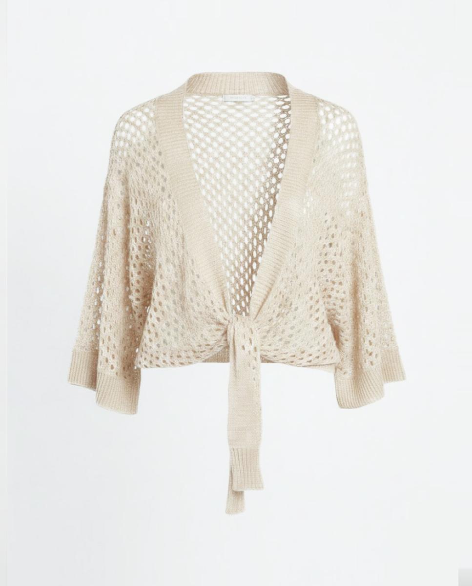 Cardigan de Malha com Manga Curta. Cru-5