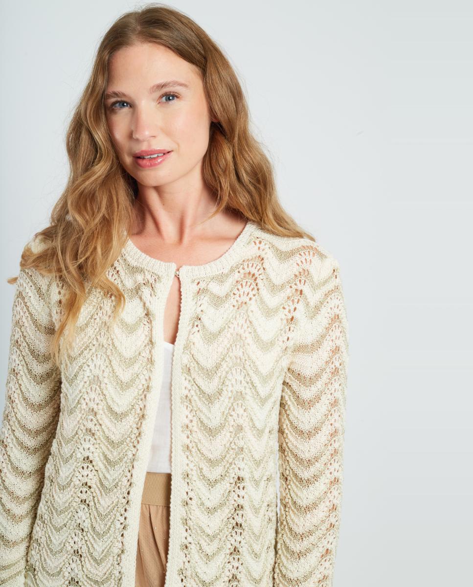 Cardigan de Malha com Decote Redondo e Manga Comprida Cru-2