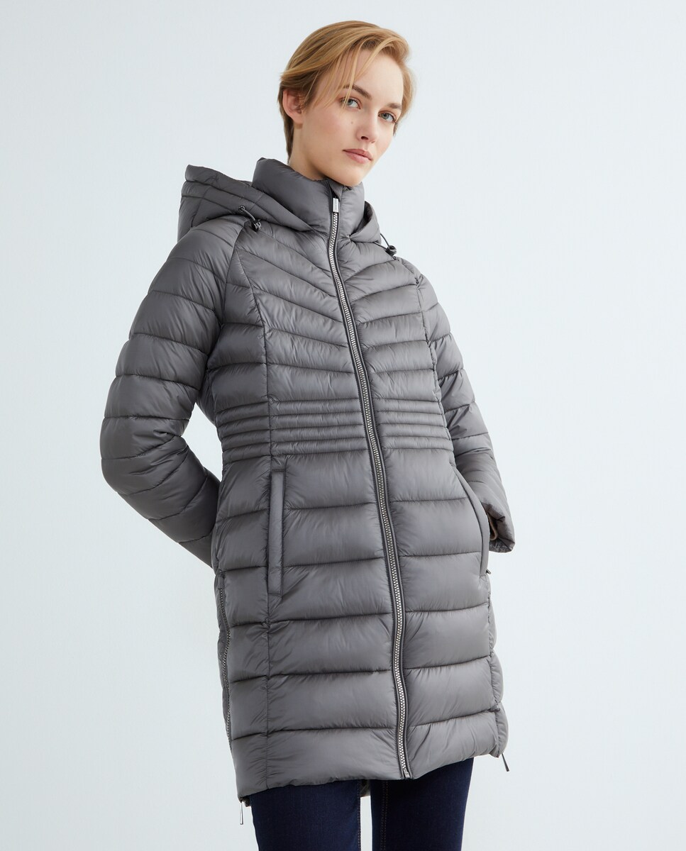 Blusão Acolchoado Comprido Fechado com Fecho de Correr Verde-militar-2