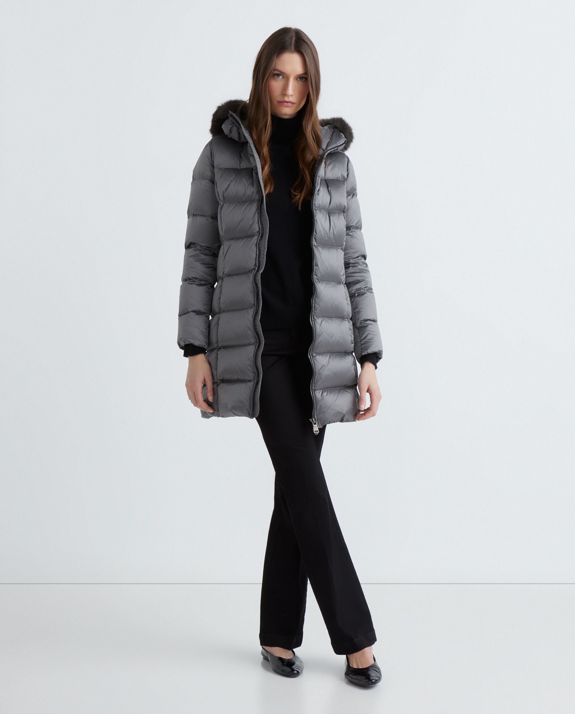 Sobretudo 3/4 de Penugem com Capuz e Pelo Sintético Cinzento-claro-2