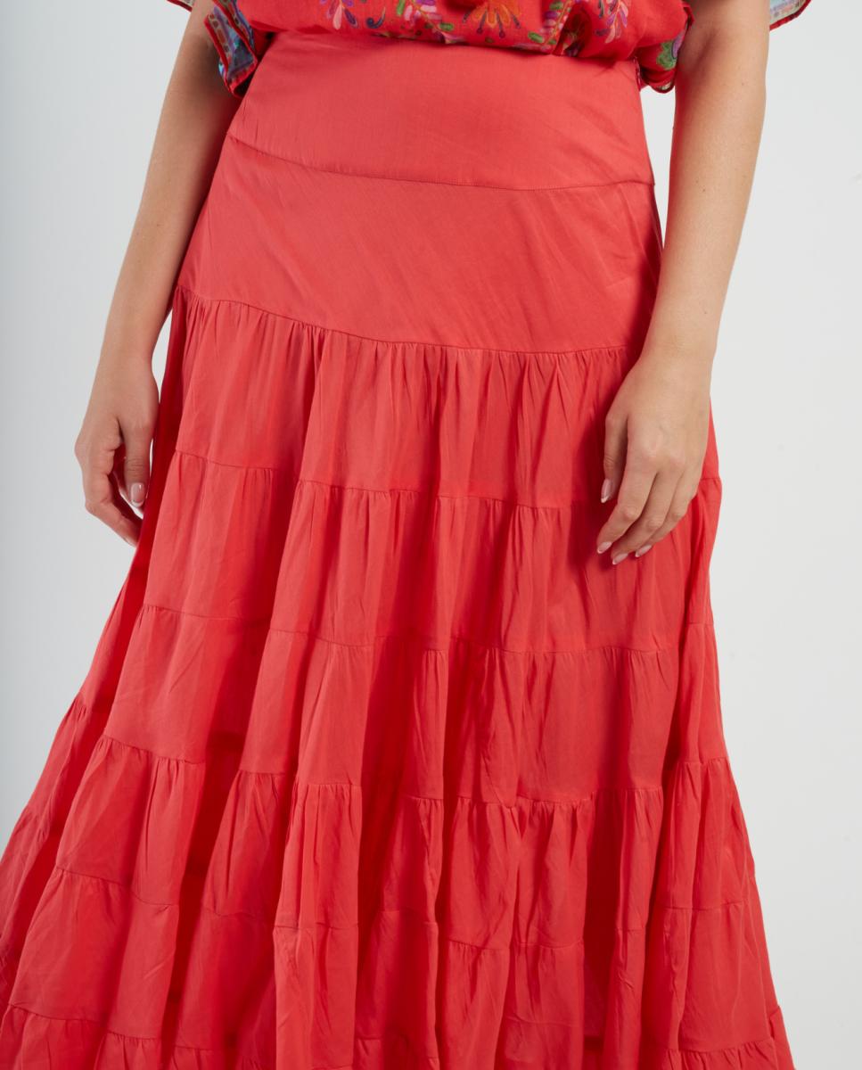 Saia Comprida Relaxed com Folhos Coral-3