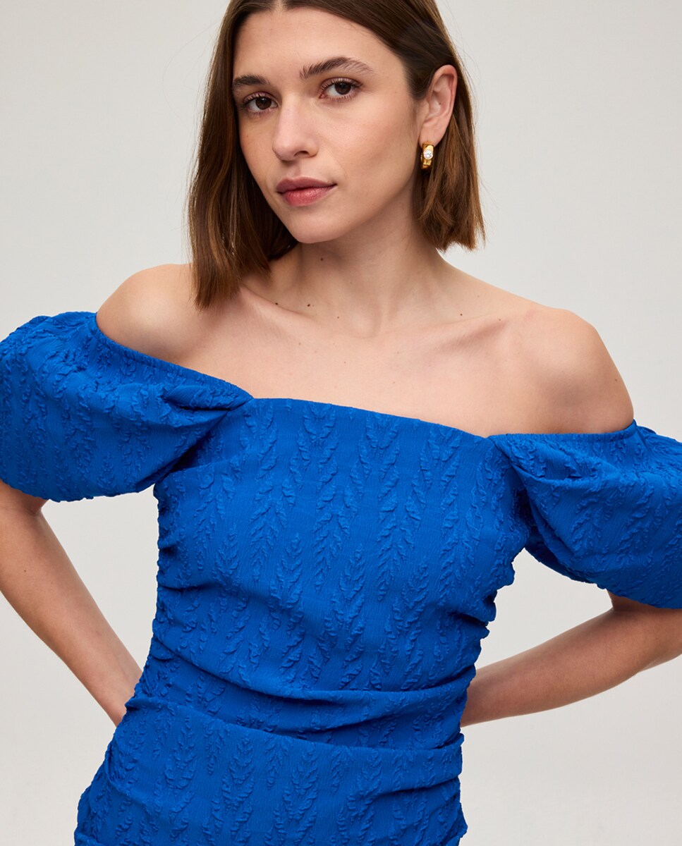 Vestido midi com manga curta Azul-4