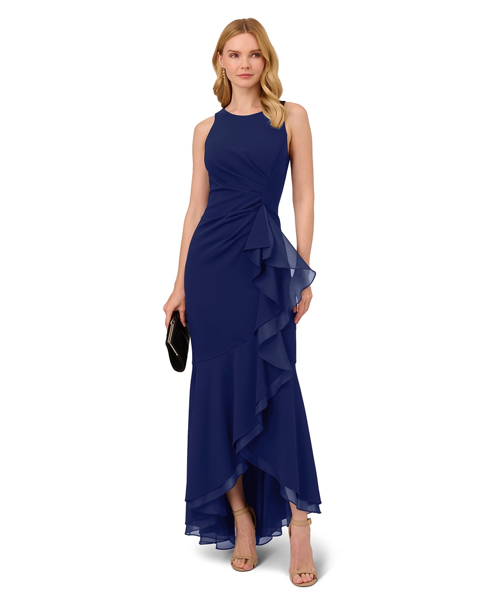 Vestido Halter de Crepe com Folhos Azul-marinho-4