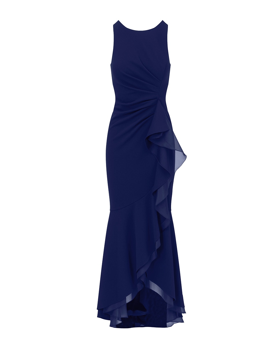 Vestido Halter de Crepe com Folhos Azul-marinho-6