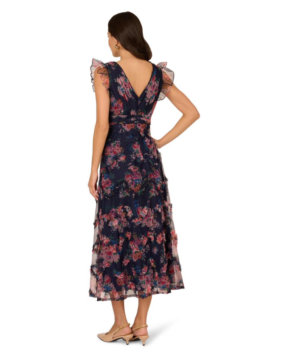 Vestido até ao Tornozelo em Tule Estampado Azul-marinho-2