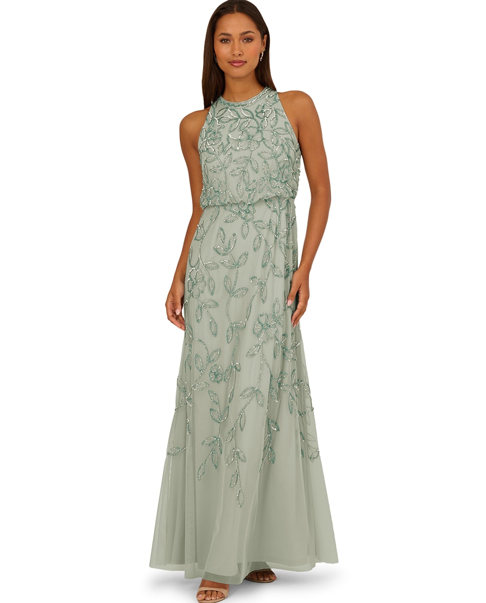 Adrianna Papell - Vestido largo con cuentas y cazadora.