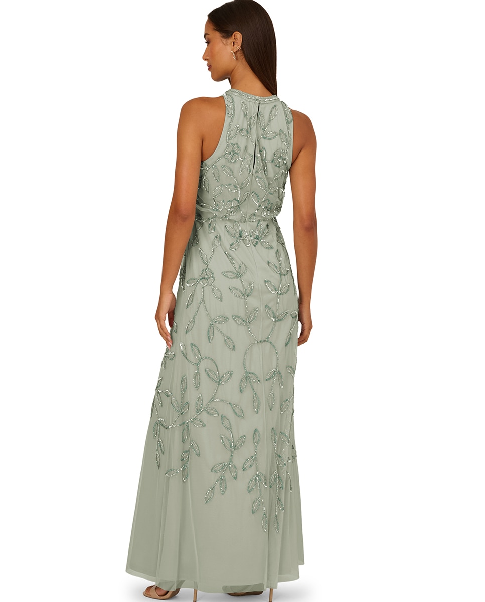 Vestido Comprido com Contas e Blusão Verde Água-2