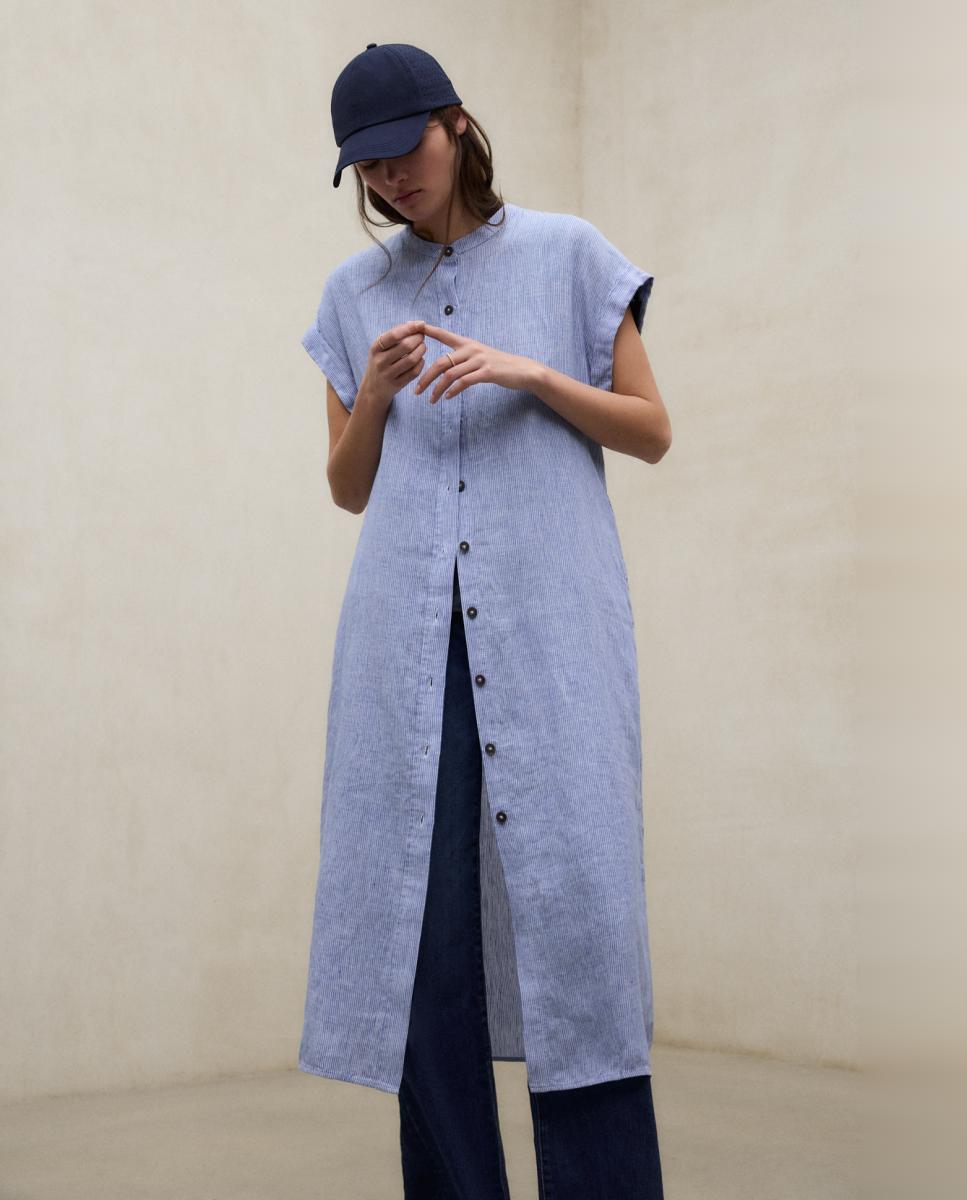 Vestido Comprido de Linho Relaxed Fit Azul-claro-4