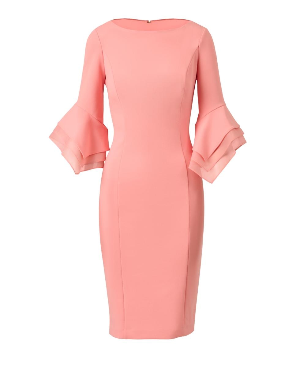 Vestido de Malha com Mangas Escalonadas e em Crepe Coral-5