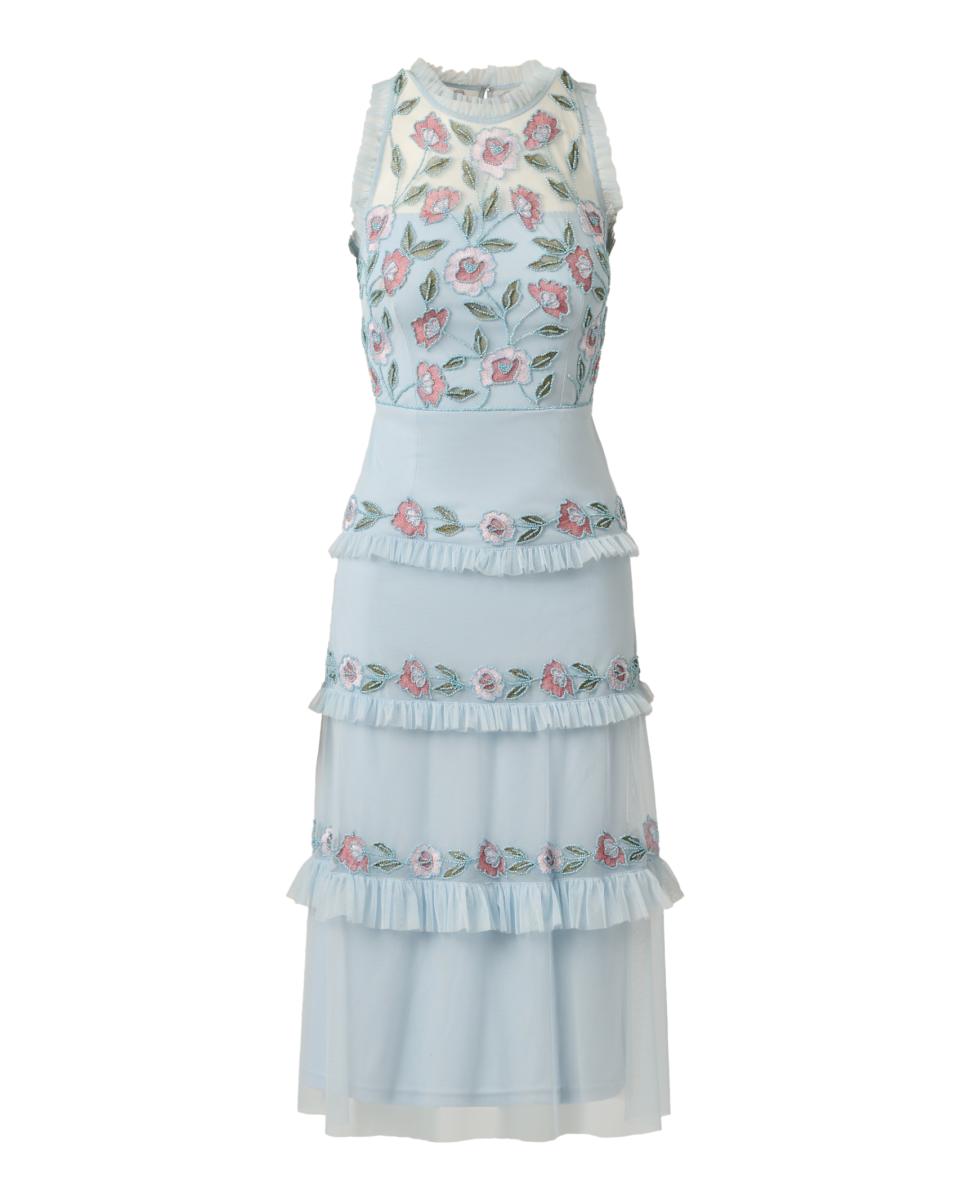 Vestido midi com folhos Azul-claro-5