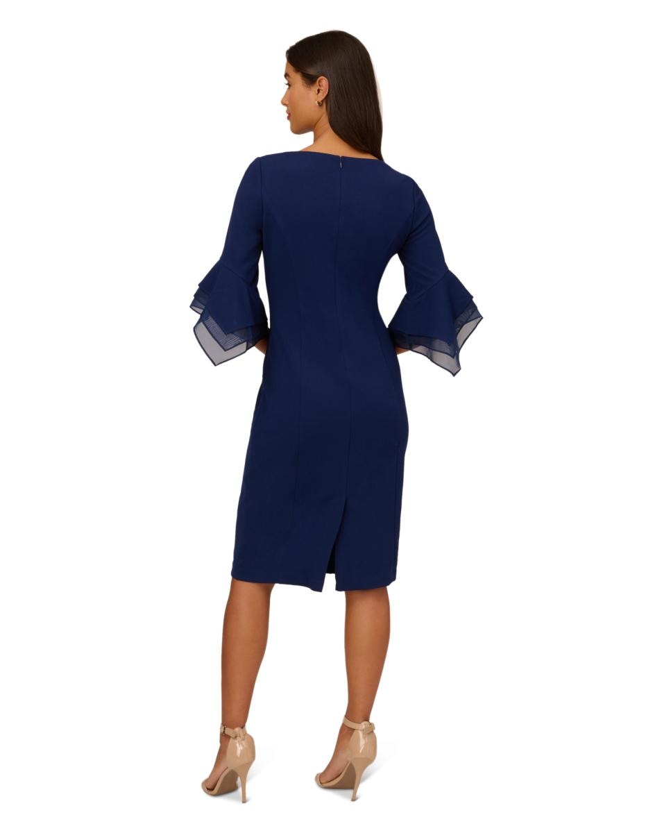 Vestido de Malha com Mangas Escalonadas e em Crepe Azul-marinho-2