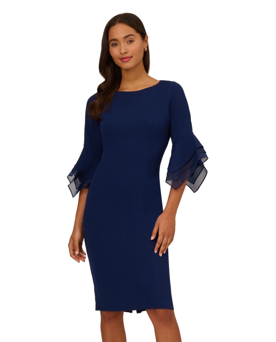 Vestido de Malha com Mangas Escalonadas e em Crepe Azul-marinho-3