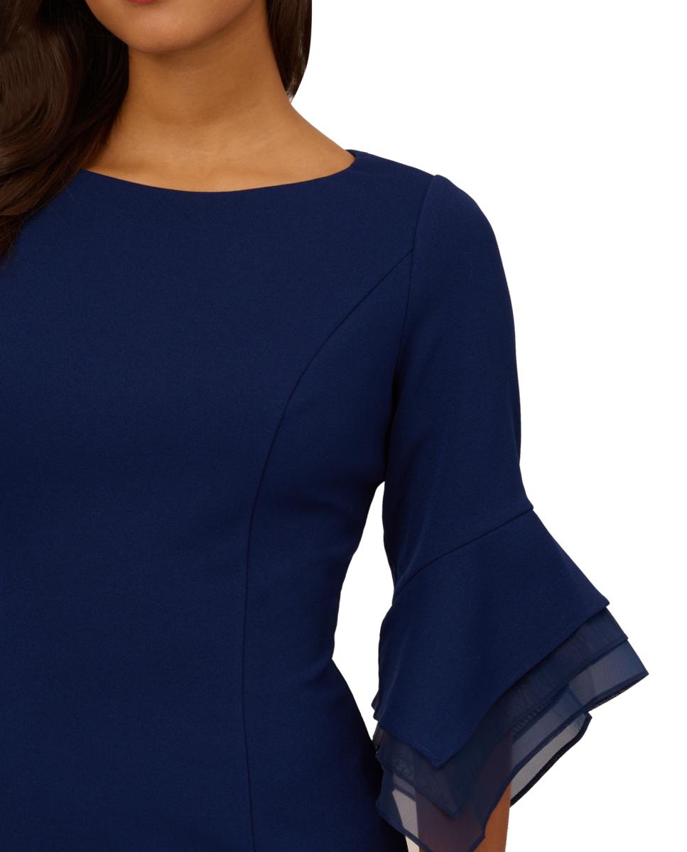 Vestido de Malha com Mangas Escalonadas e em Crepe Azul-marinho-4