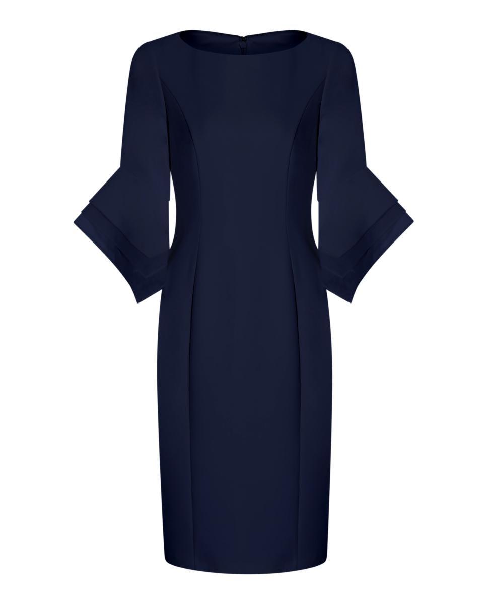 Vestido de Malha com Mangas Escalonadas e em Crepe Azul-marinho-5