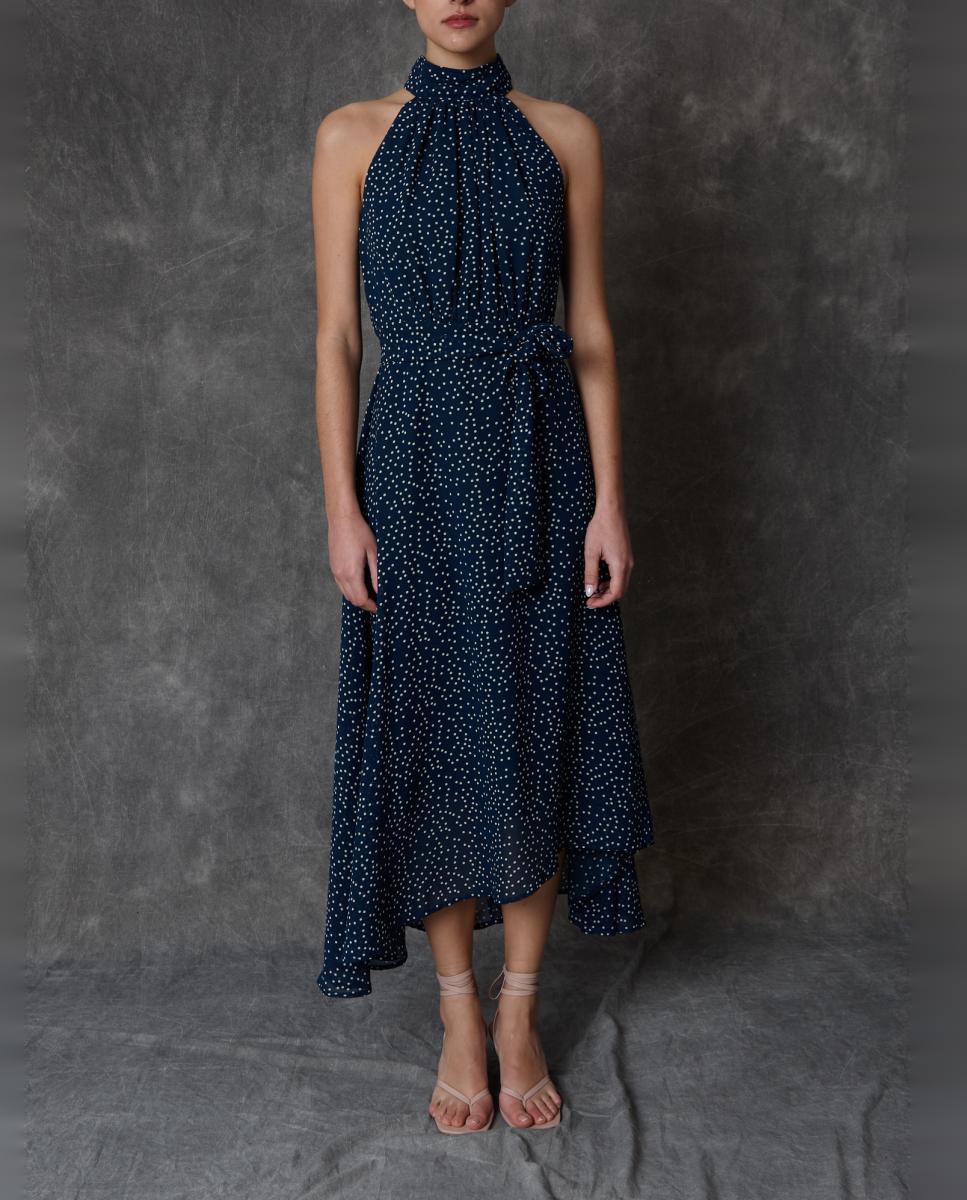 Vestido Comprido às Bolinhas Azul-4