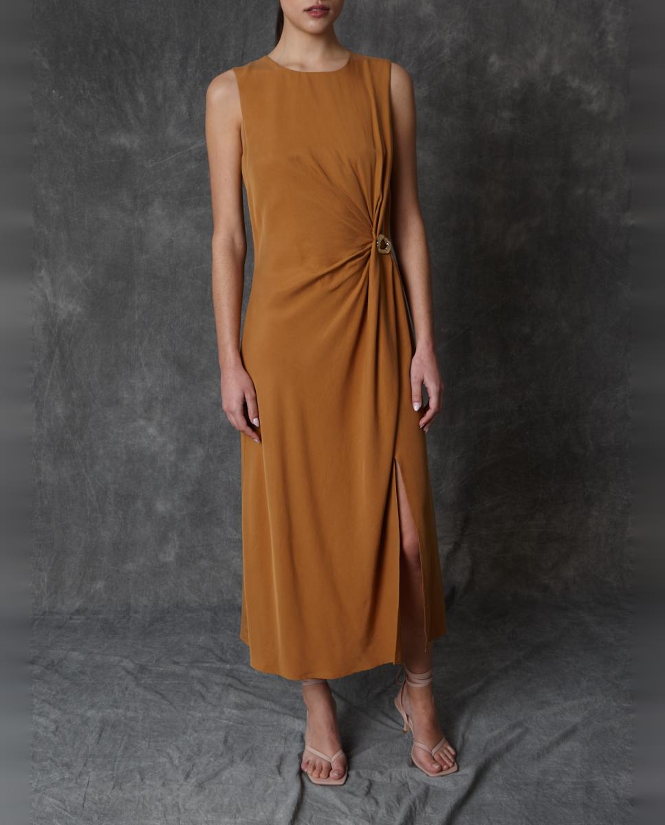Vestido comprido liso Castanho-3