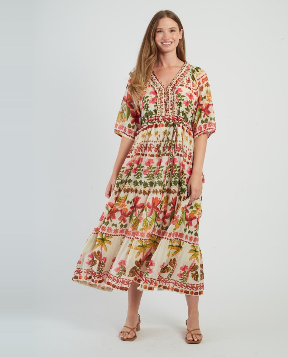 Derhy - Vestido largo con escote pico y manga corta..