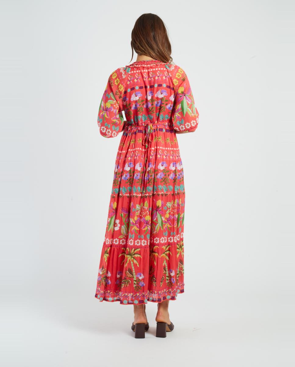 Vestido Comprido com Decote em Bico e Manga Curta Coral-3