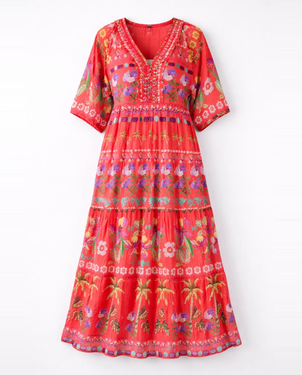 Vestido Comprido com Decote em Bico e Manga Curta Coral-4