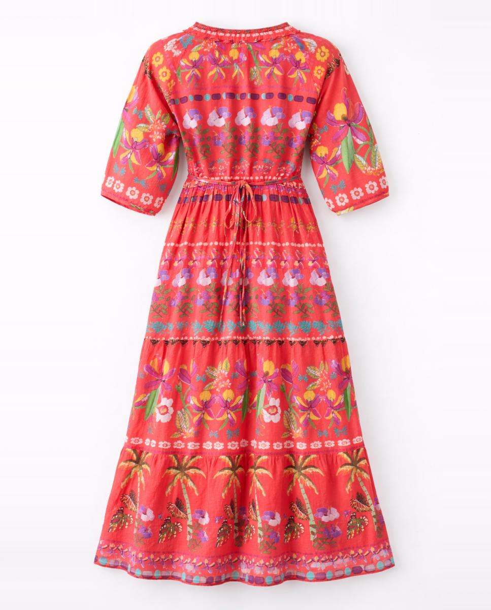 Vestido Comprido com Decote em Bico e Manga Curta Coral-5