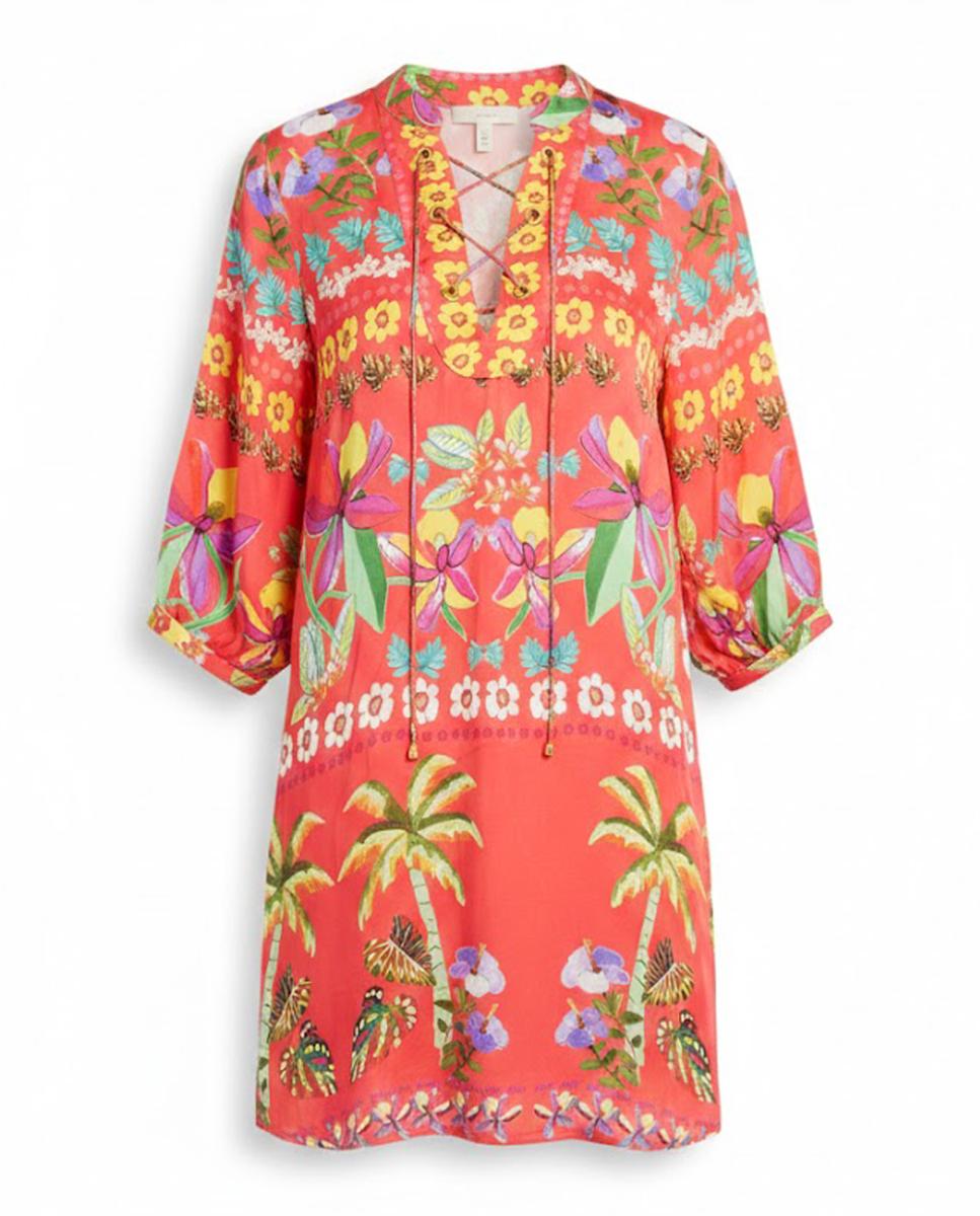 Vestido Curto Regular com Manga 3/4 e Decote em Bico Coral-5