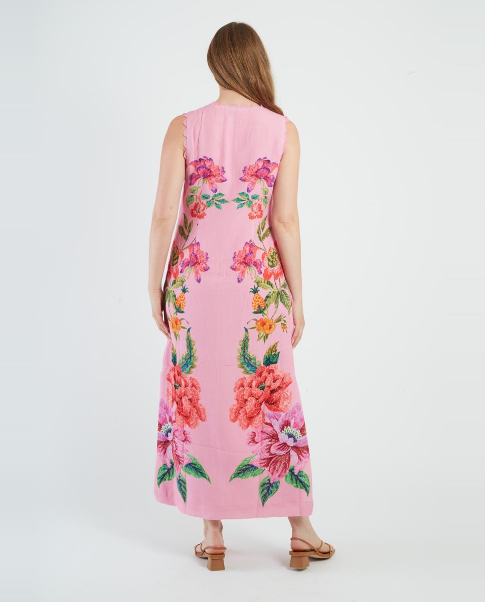 Vestido Comprido com Decote em Bico e sem Mangas Rosa-3