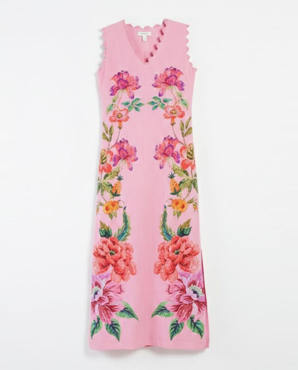 Vestido Comprido com Decote em Bico e sem Mangas Rosa-4