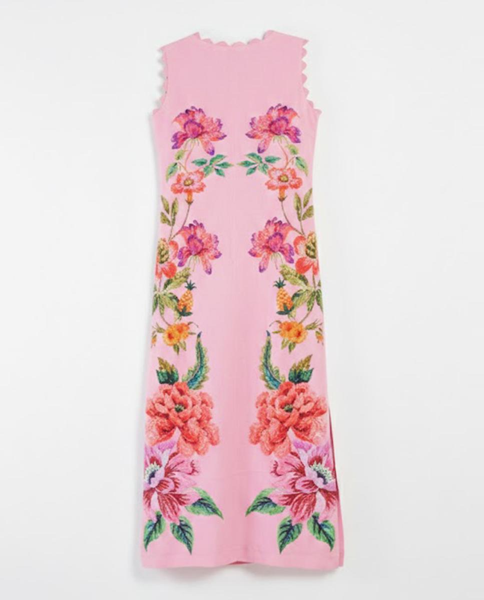 Vestido Comprido com Decote em Bico e sem Mangas Rosa-5