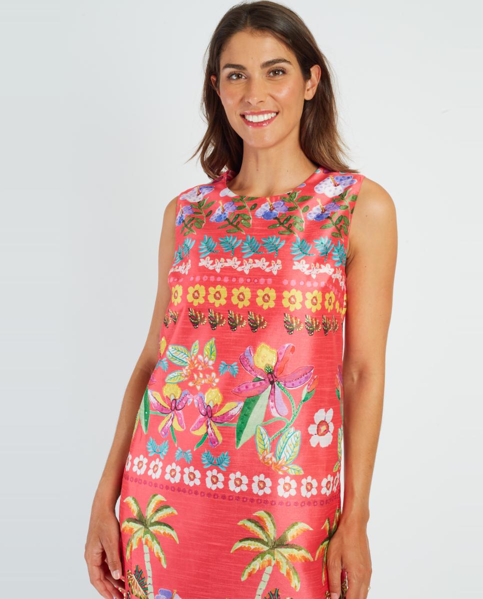 Vestido Curto Regular sem Mangas e com Decote Redondo Coral-2