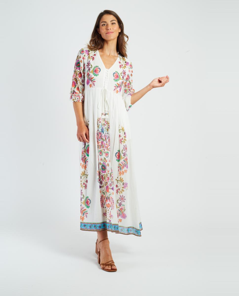 Vestido Comprido com Decote em Bico e Manga 3/4 Branco-2