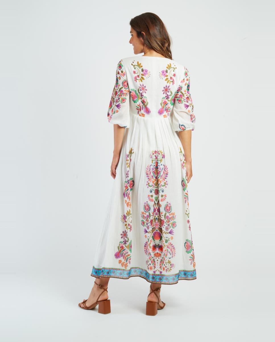 Vestido Comprido com Decote em Bico e Manga 3/4 Branco-3