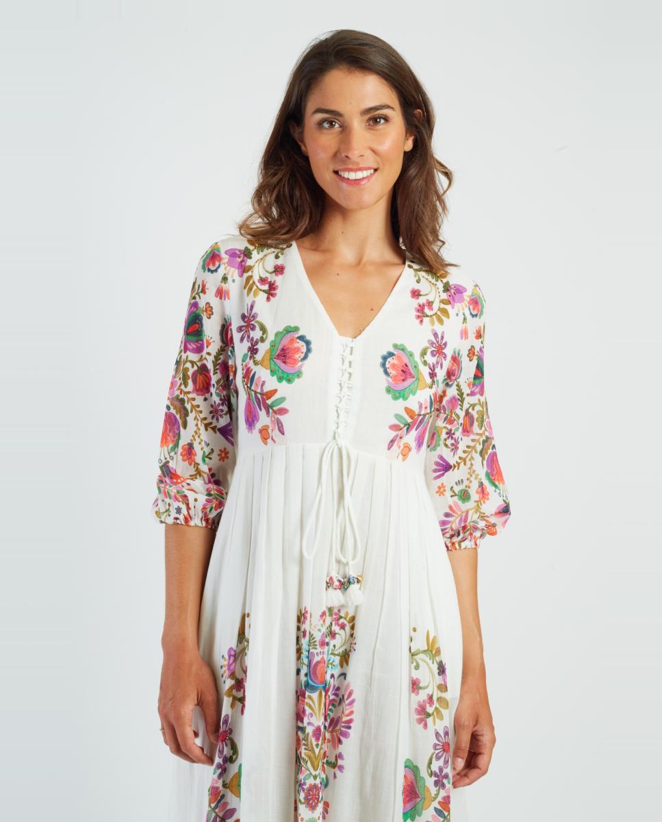 Vestido Comprido com Decote em Bico e Manga 3/4 Branco-4