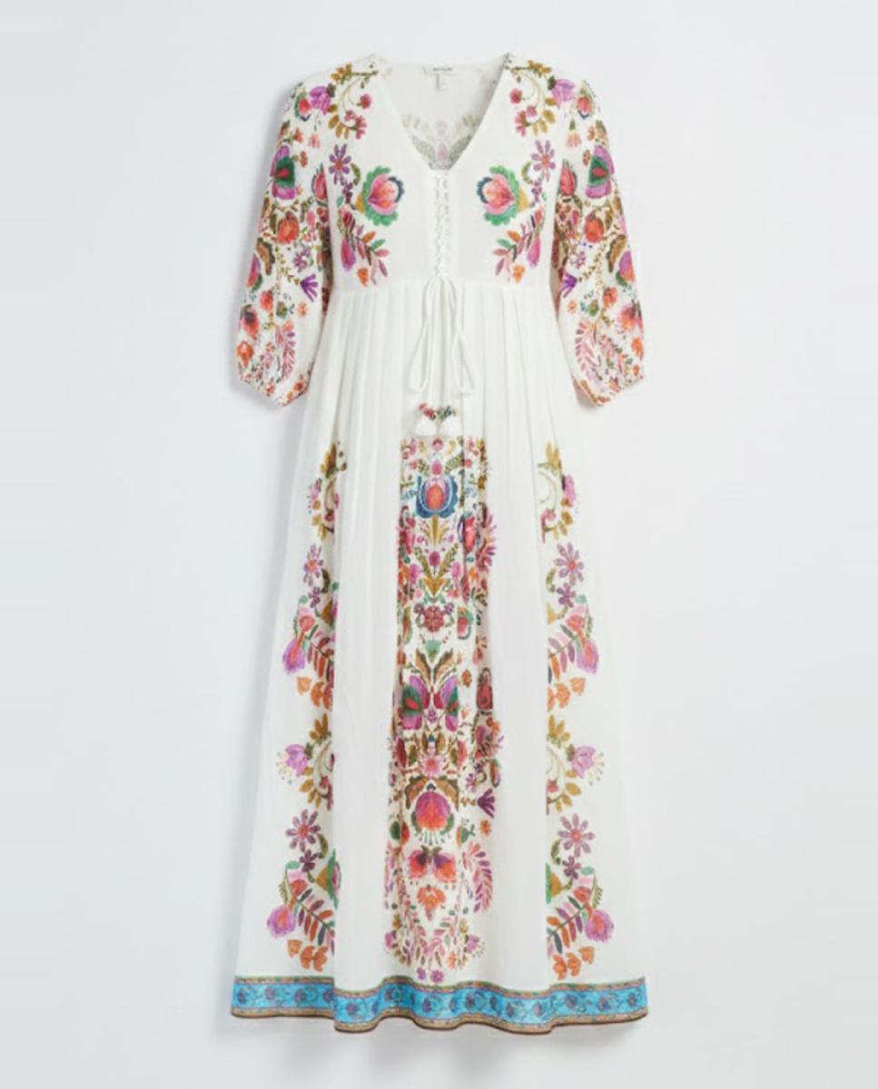 Vestido Comprido com Decote em Bico e Manga 3/4 Branco-5