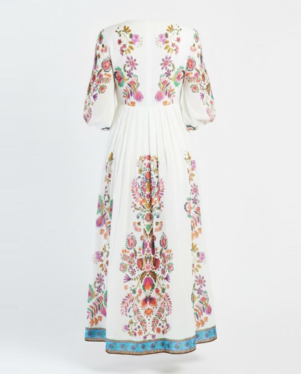 Vestido Comprido com Decote em Bico e Manga 3/4 Branco-6