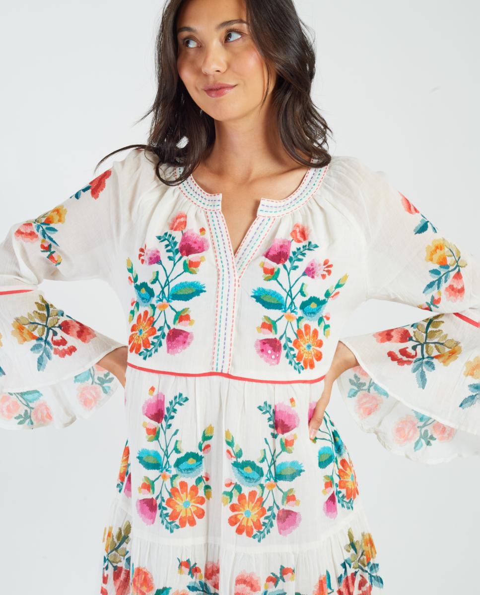 Vestido Comprido com Decote Redondo e Manga Comprida Cru-2