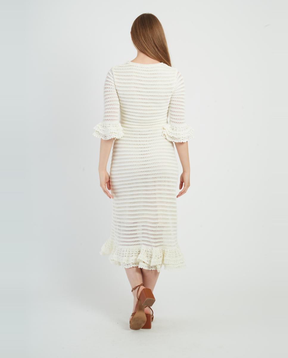 Vestido Comprido de Malha com Decote Redondo e Manga 3/4 Branco-4