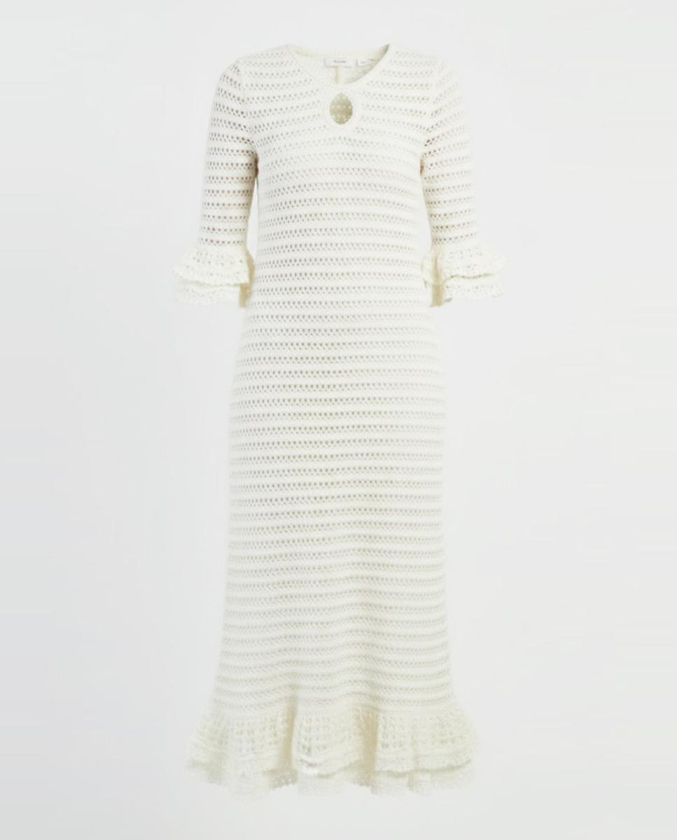 Vestido Comprido de Malha com Decote Redondo e Manga 3/4 Branco-5