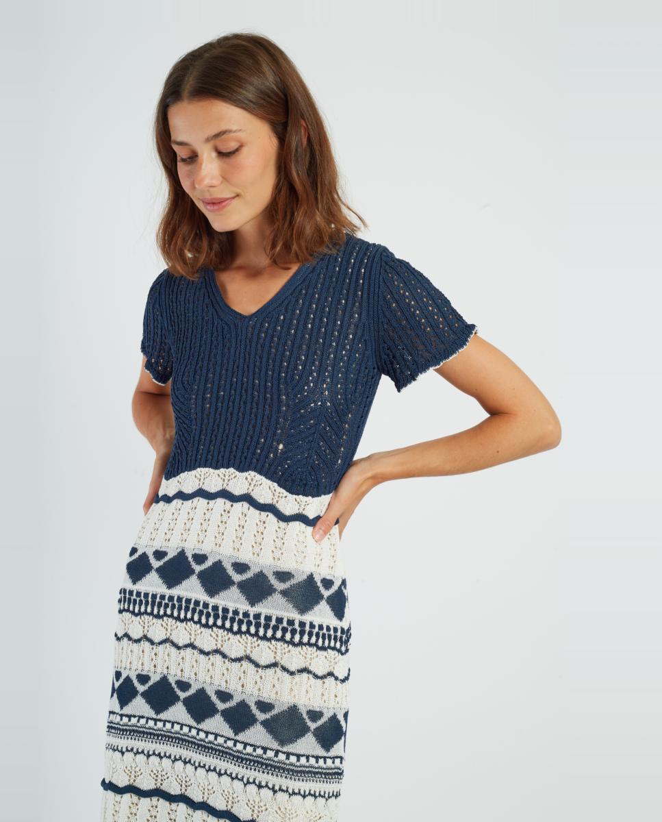 Vestido Midi de Malha com Decote em Bico e Manga Curta Azul-marinho-2