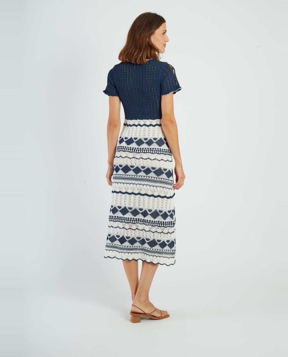 Vestido Midi de Malha com Decote em Bico e Manga Curta Azul-marinho-3