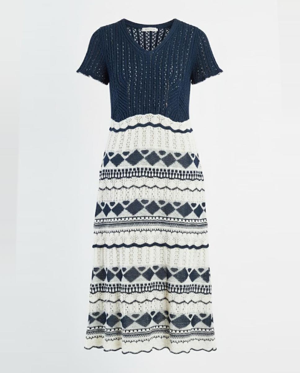 Vestido Midi de Malha com Decote em Bico e Manga Curta Azul-marinho-4