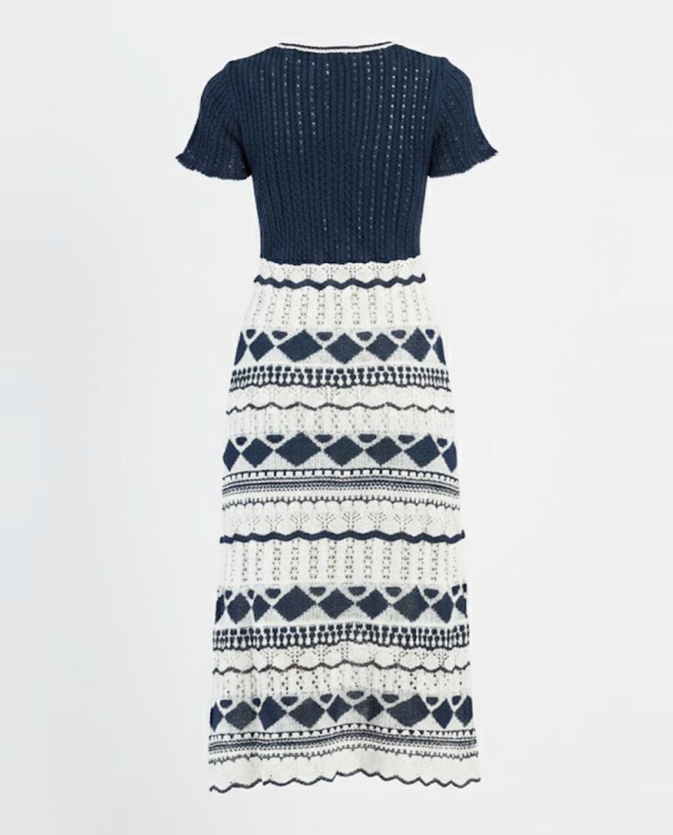 Vestido Midi de Malha com Decote em Bico e Manga Curta Azul-marinho-5