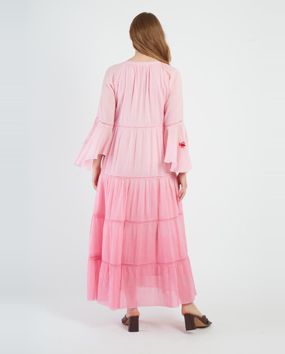 Vestido Comprido com Decote Redondo e Manga Comprida Rosa-3