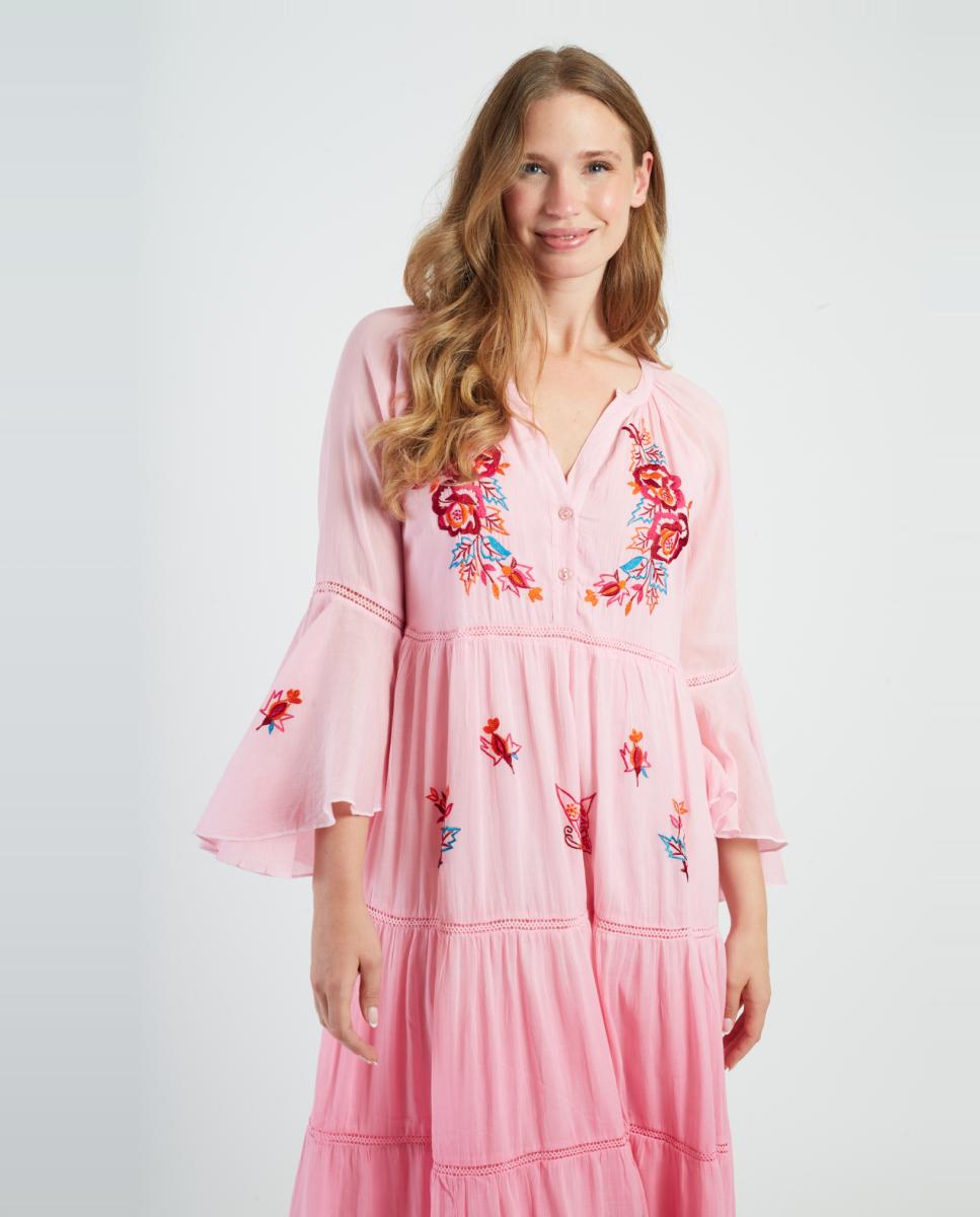 Vestido Comprido com Decote Redondo e Manga Comprida Rosa-4