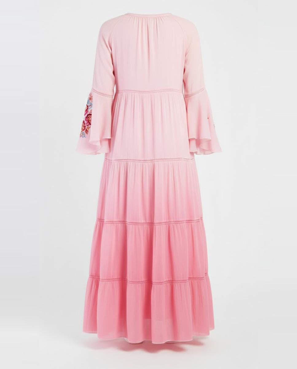 Vestido Comprido com Decote Redondo e Manga Comprida Rosa-6