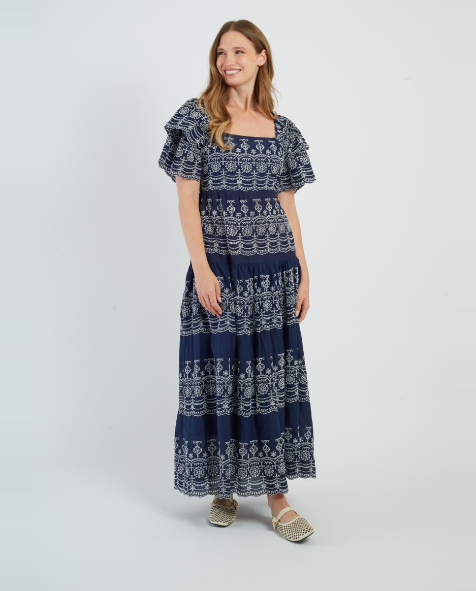 Vestido Comprido com Decote Quadrado e Manga Curta Azul-marinho-2