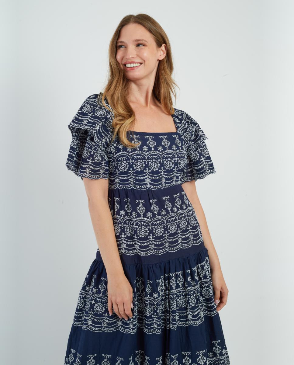 Vestido Comprido com Decote Quadrado e Manga Curta Azul-marinho-3