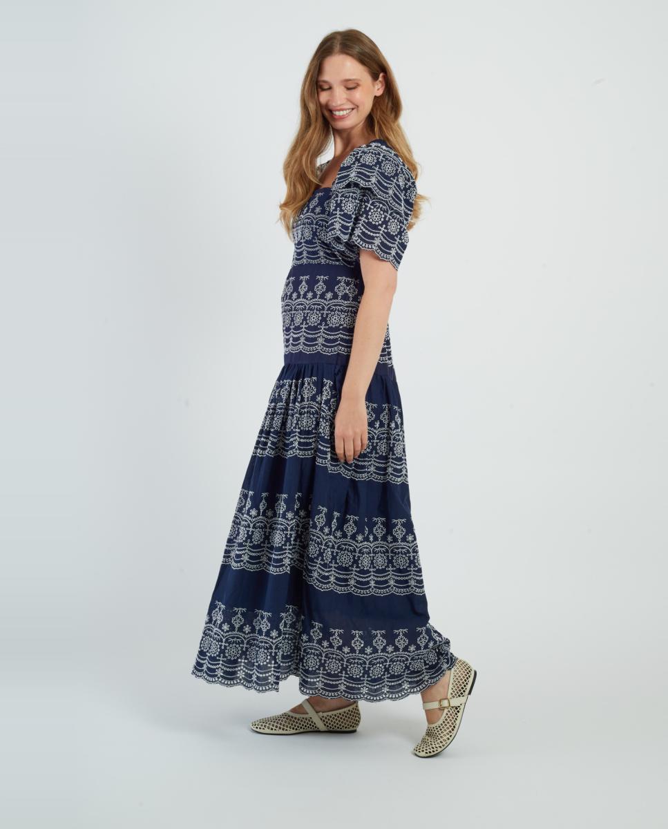 Vestido Comprido com Decote Quadrado e Manga Curta Azul-marinho-4