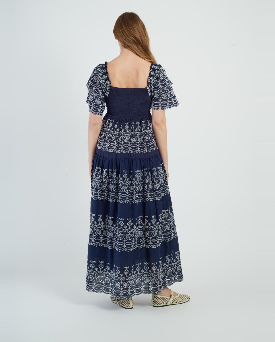 Vestido Comprido com Decote Quadrado e Manga Curta Azul-marinho-5